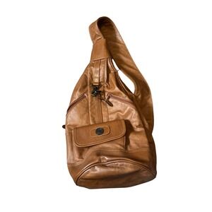Unisex Brown Faux Leather Sling Backpack Casual Everyday Shoulder Bag